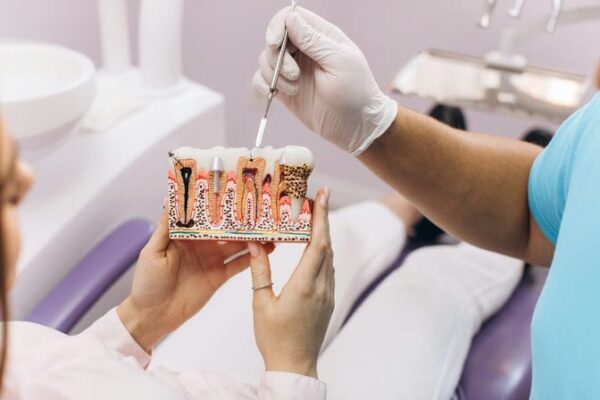 The dentist smiles and shows the girl a model with teeth, talks about implantation and caries.